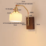 Walnut Wood LED Wall Light Glass Pull Chain Switch Nordic Modern Bedroom Lamp