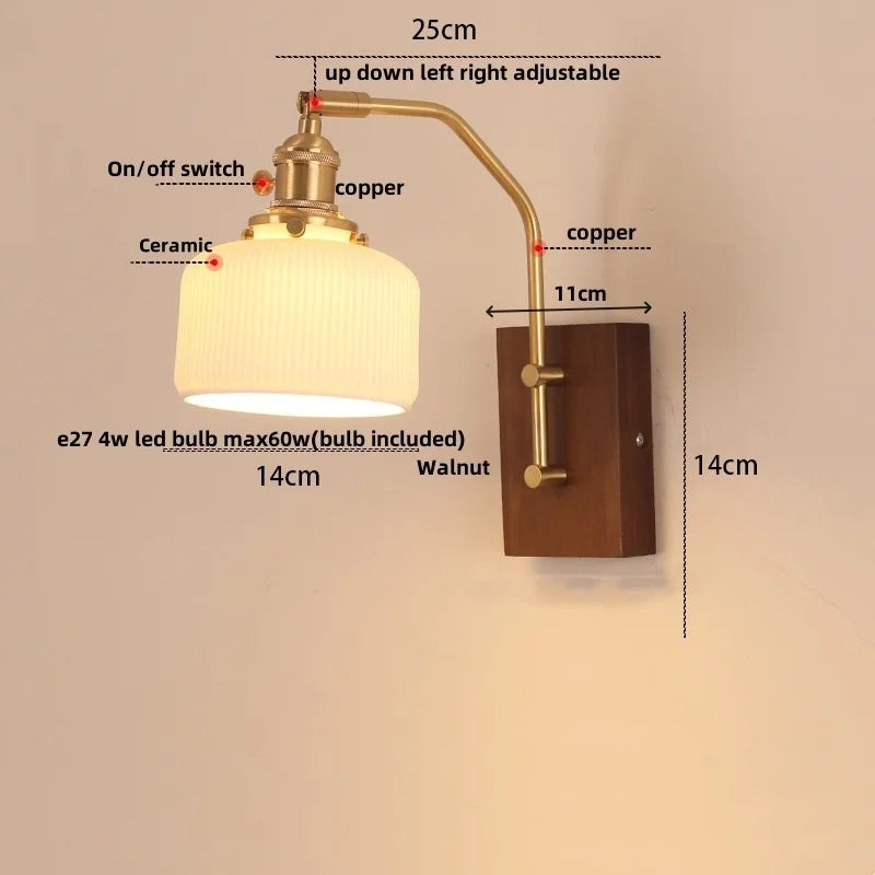 Walnut Wood LED Wall Light Nordic Modern Glass Pull Chain Switch
