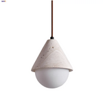 White Glass LED Pendant Light Fixture - Nordic Modern Yellow Travertine Hanging Lamp