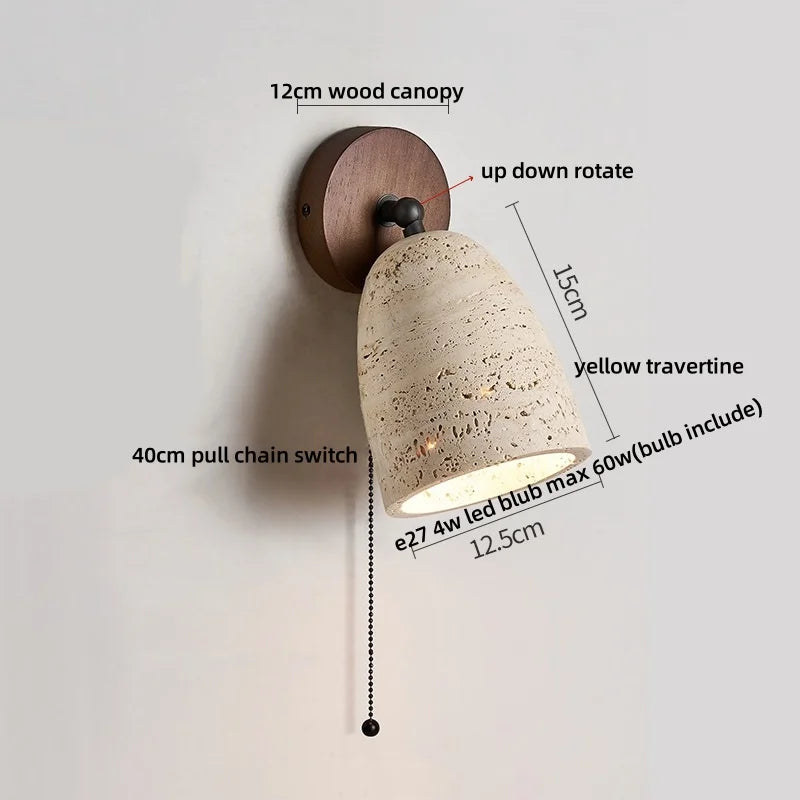 Yellow Travertine LED Wall Lights with Pull Chain Switch, Modern Rotate Bedside Lamp