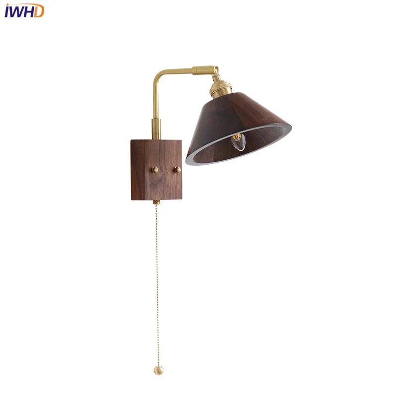 Walnut Wood LED Wall Lamp Sconce with Pull Chain Switch Rotation Mirror Light