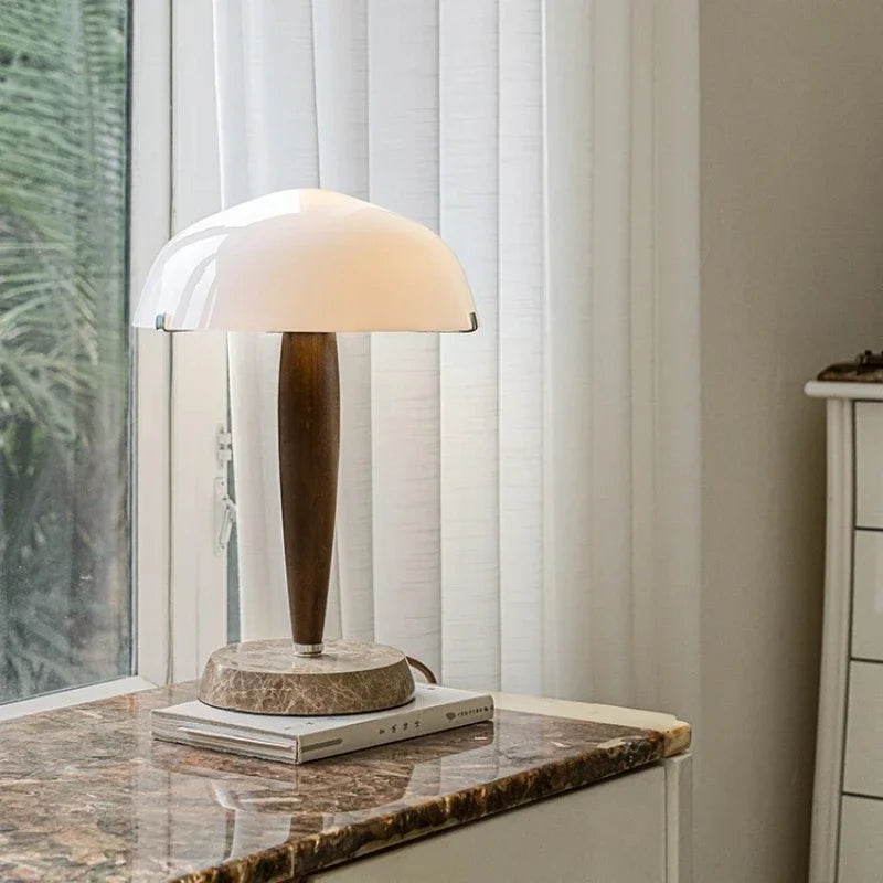 SHY3 Walnut Wood Desk Lamp Glass Shade Marble Base Table Light