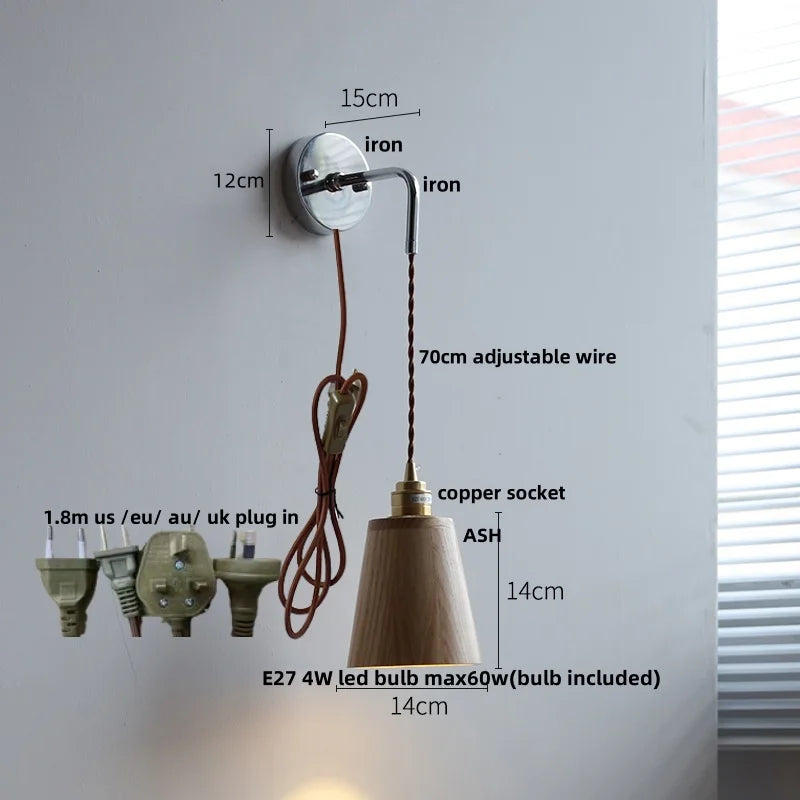 Ash Wood LED Wall Light with Pull Chain Switch, Japanese Style Bedside Lamp