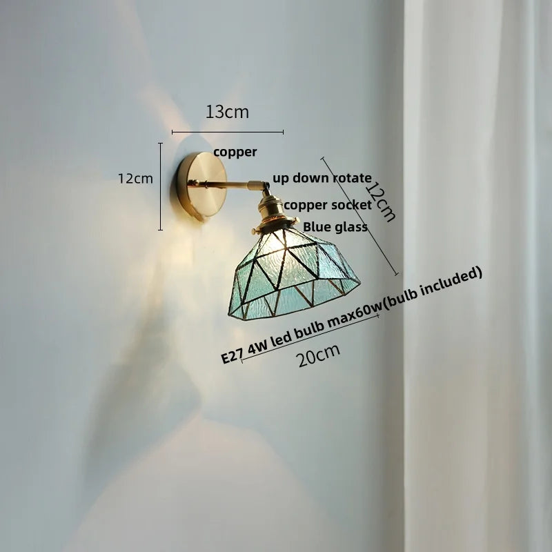 Tiffany Blue Glass LED Wall Sconce Rotate Copper Pull Chain Switch Light Fixtures