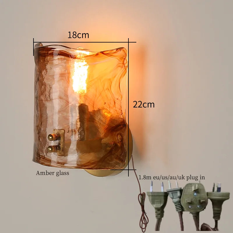 Amber Glass LED Wall Lamp for Bedroom Minimalistic Copper Lighting