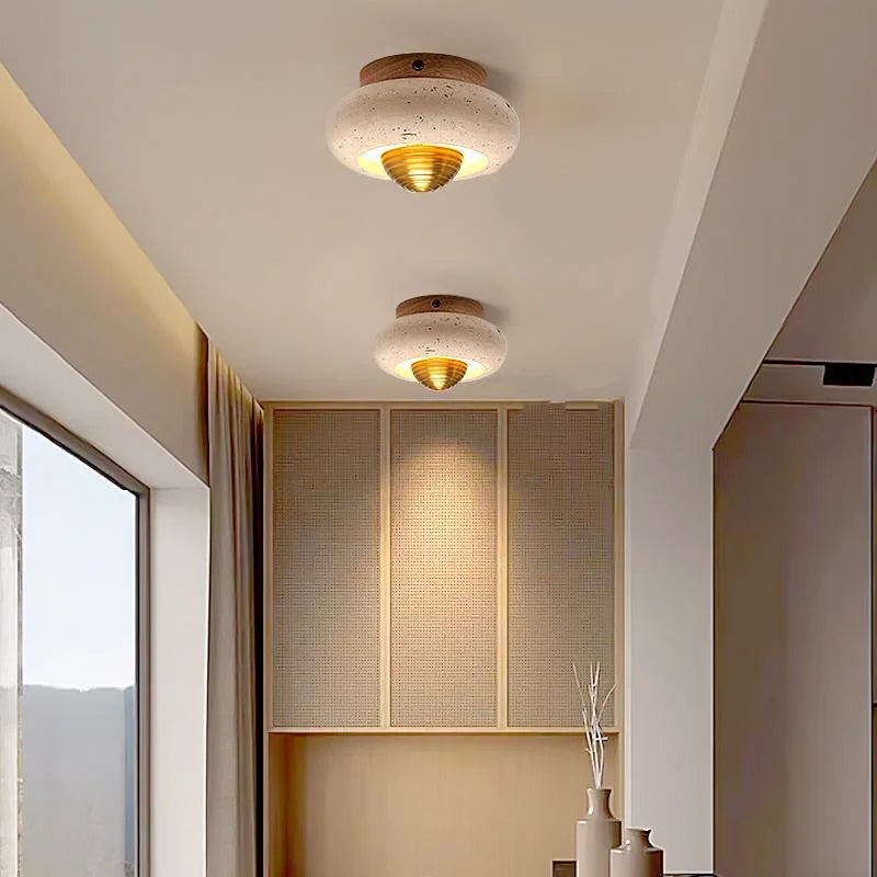 LED Ceiling Lamp Natural Yellow Travertine Walnut Wood Ceiling Lights