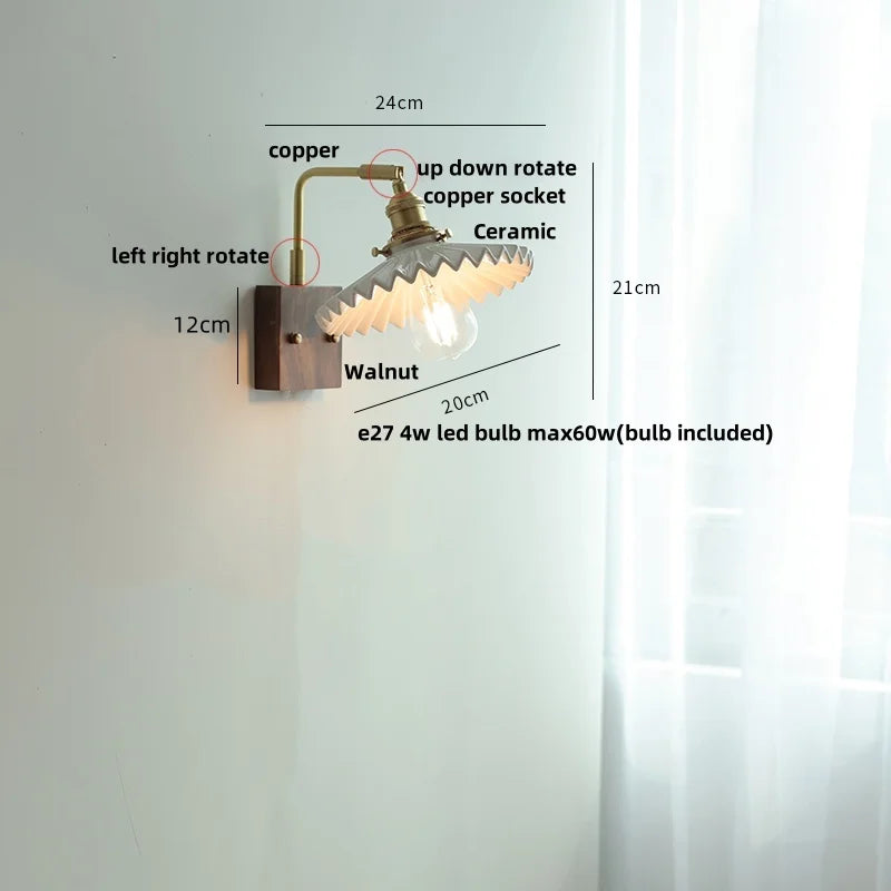 Nordic LED Walnut Wood Wall Lamp with Rotating Ceramic Copper Pull Chain Switch