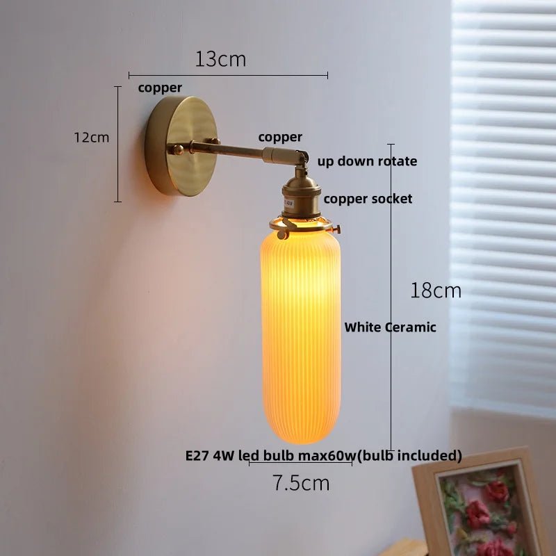 White Ceramic LED Wall Sconce with Pull Chain Switch & Rotate Copper Finish