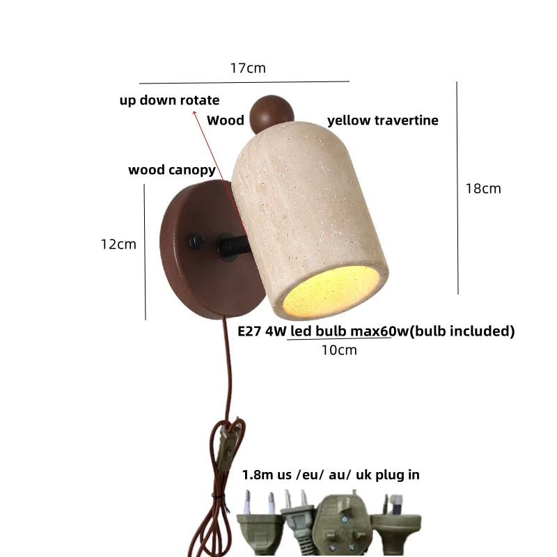 Afralia™ LED Wall Sconce Pull Chain Switch Modern Wood Yellow Travertine Stair Light