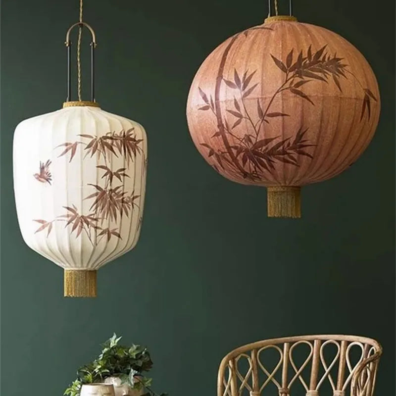 Handmade Japanese Lantern Painting Pendant Lamp Fabric Chandelier