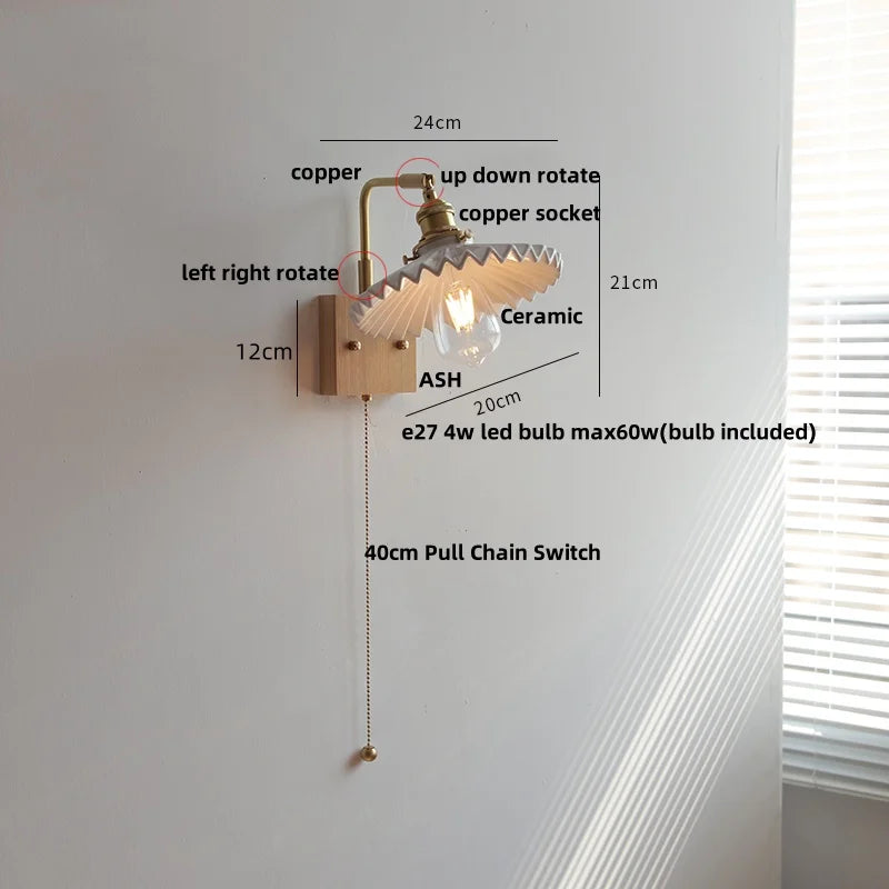 Nordic LED Walnut Wood Wall Lamp with Rotating Ceramic Copper Pull Chain Switch