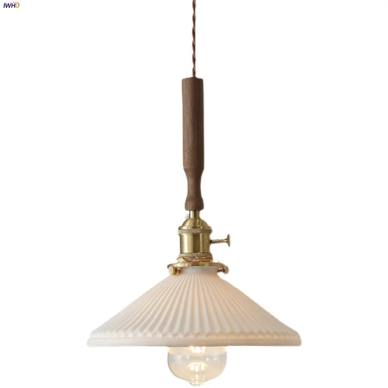 Ceramic Walnut Wood Pendant Light Fixture - Adjustable LED Lamparas for Study Aisle