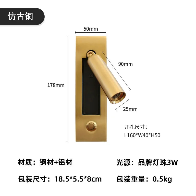 Square Gold & Black Bedroom Wall Light for Reading, Living Room Background