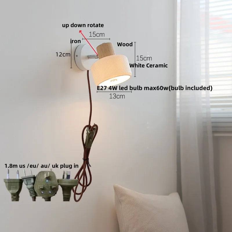 LED Wall Lights Wood White Ceramic Rotate, Living Room Bedside Lamp
