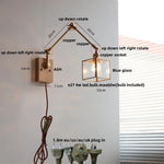 Ash Wood LED Swing Arm Wall Light with Pull Chain Switch & Blue Glass