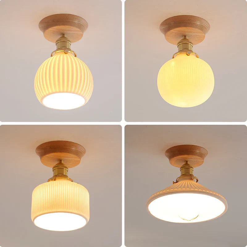 White Ceramic LED Ceiling Light with Wood Canopy for Kitchen and Living Room