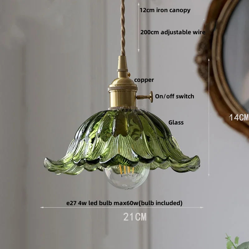Afralia™ Green Glass LED Pendant Lights with Walnut Wood Hanging Lamp