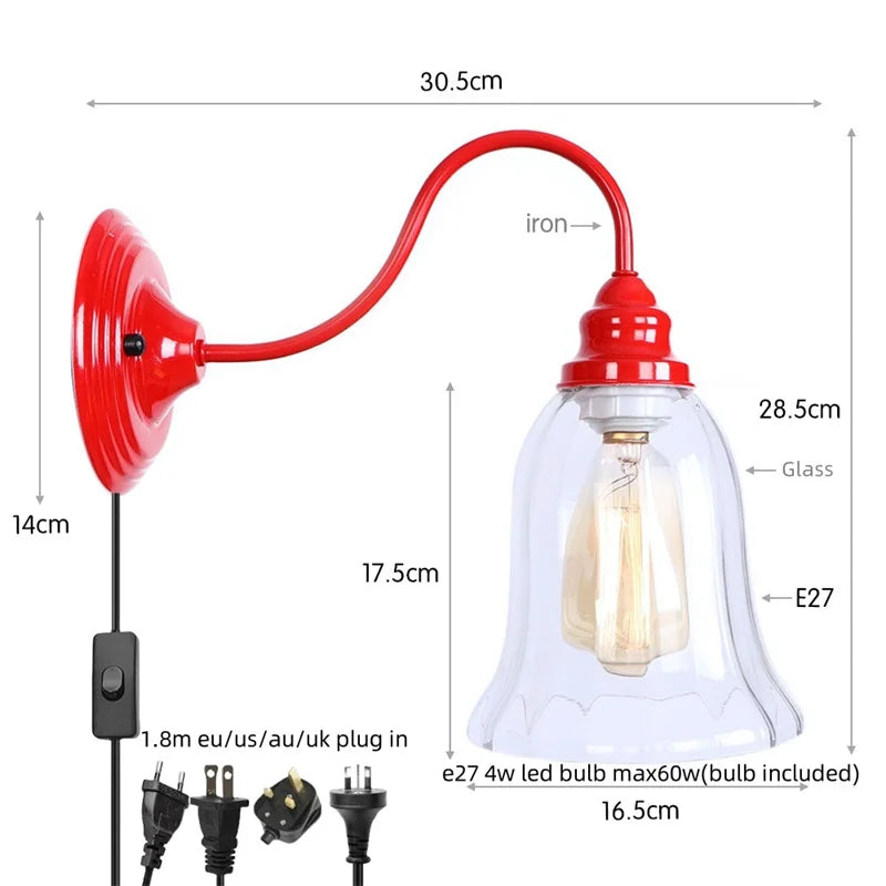 Afralia™ Edison Red LED Wall Lights - Iron Industrial Vintage Bedside Lamp