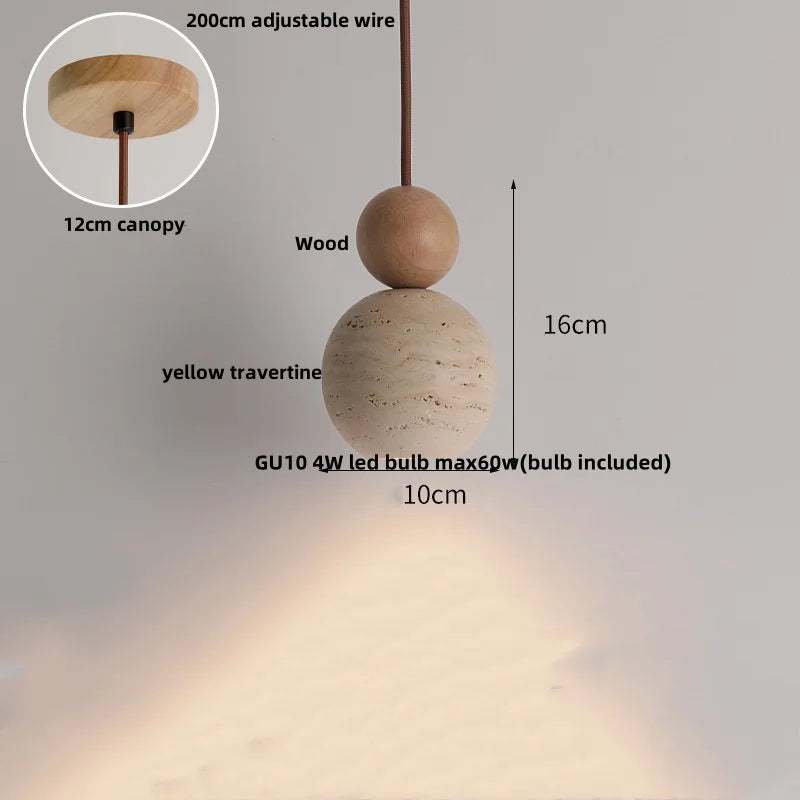 Afralia™ Nordic LED Pendant Light Yellow Travertine Adjustable Wood Hang Lamp