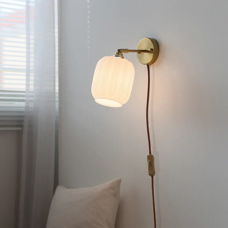 White Glass LED Wall Light with Pull Chain Switch, Japanese Style Hallway Lamp