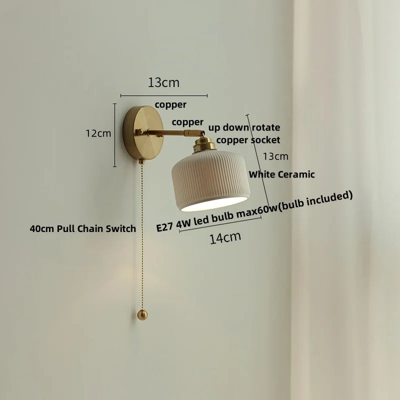 Nordic Ceramic LED Wall Light with Pull Chain Switch - Modern, Simple, Rotating