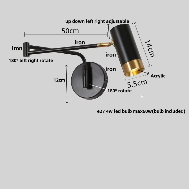 Rotatable LED Wall Sconce Swing Arm Light Fixture for Study and Bedside