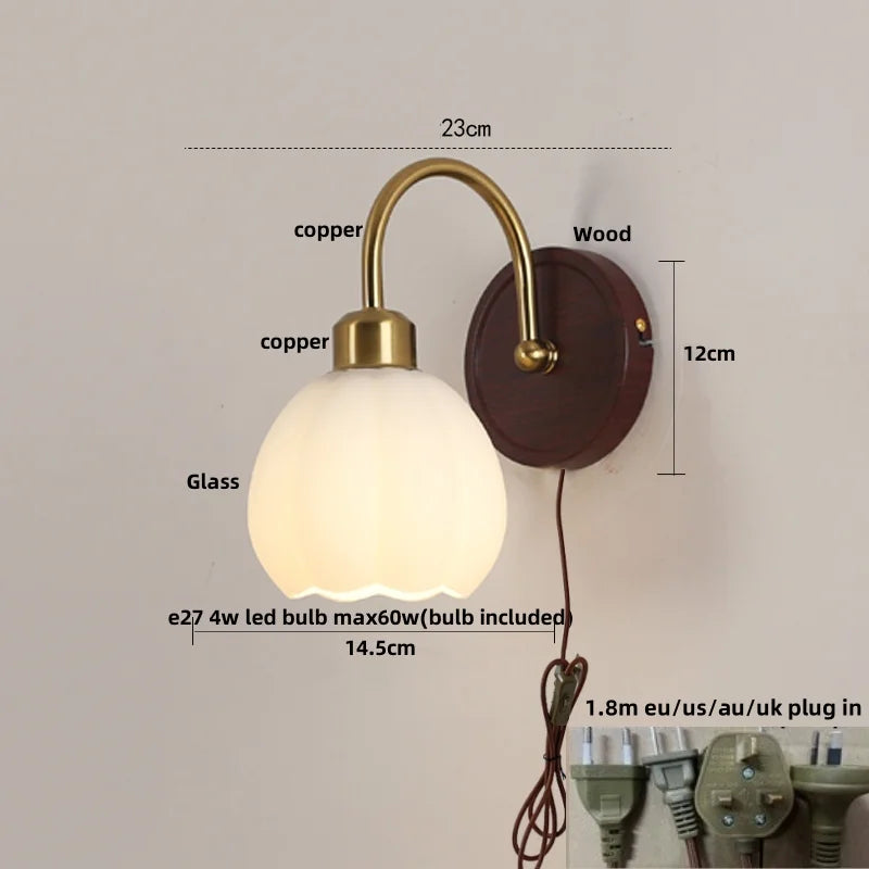 Afralia™ LED Wall Light Glass Fixture Pull Chain Switch Wood Bedside Sconce