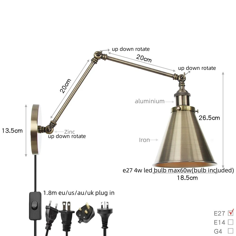 Silver Iron LED Swing Arm Wall Lights, Industrial Style, Plug-In, Stair & Bedside Lamp