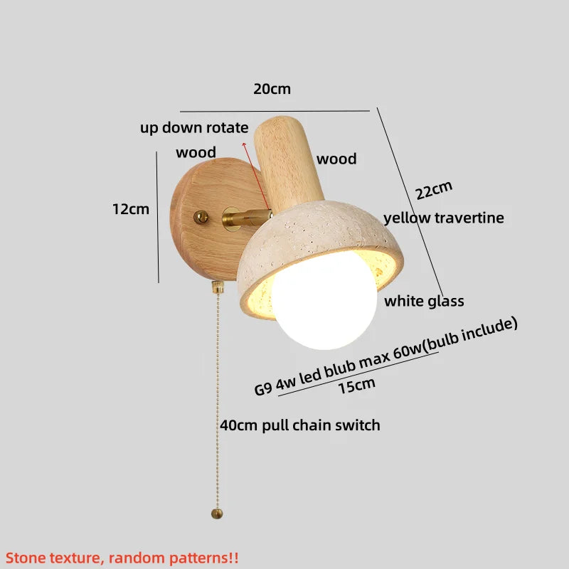 Yellow Travertine Stone Natural Wood LED Wall Light Bedside Lamp