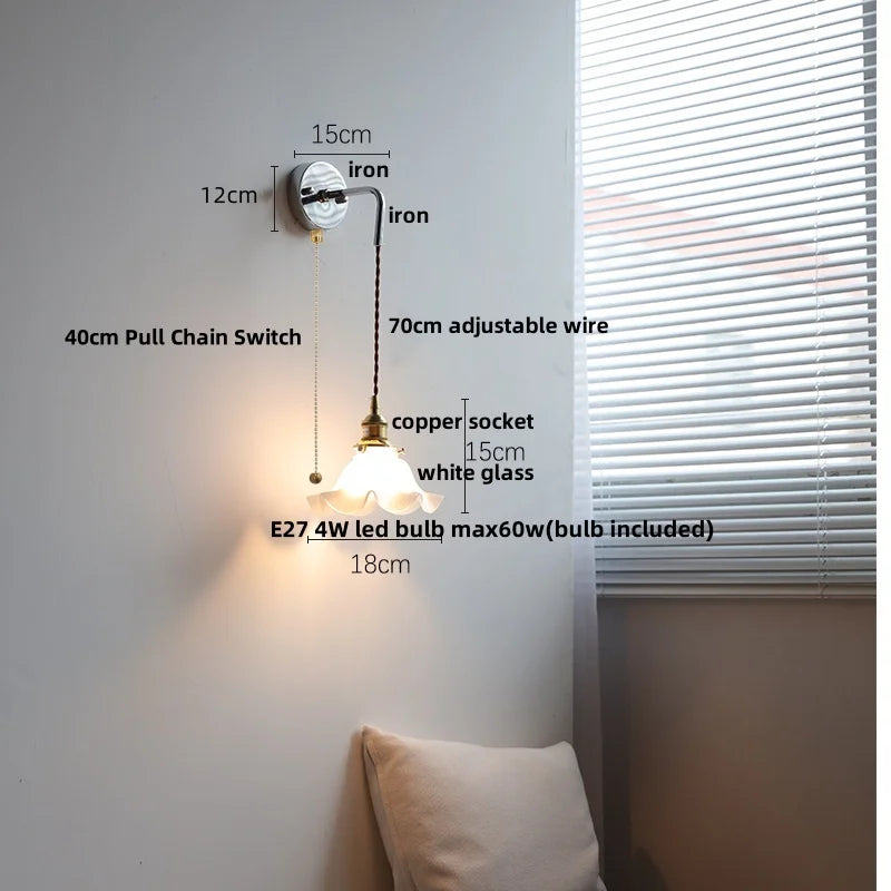 White Glass LED Wall Lights with Pull Chain Switch for Modern Decor