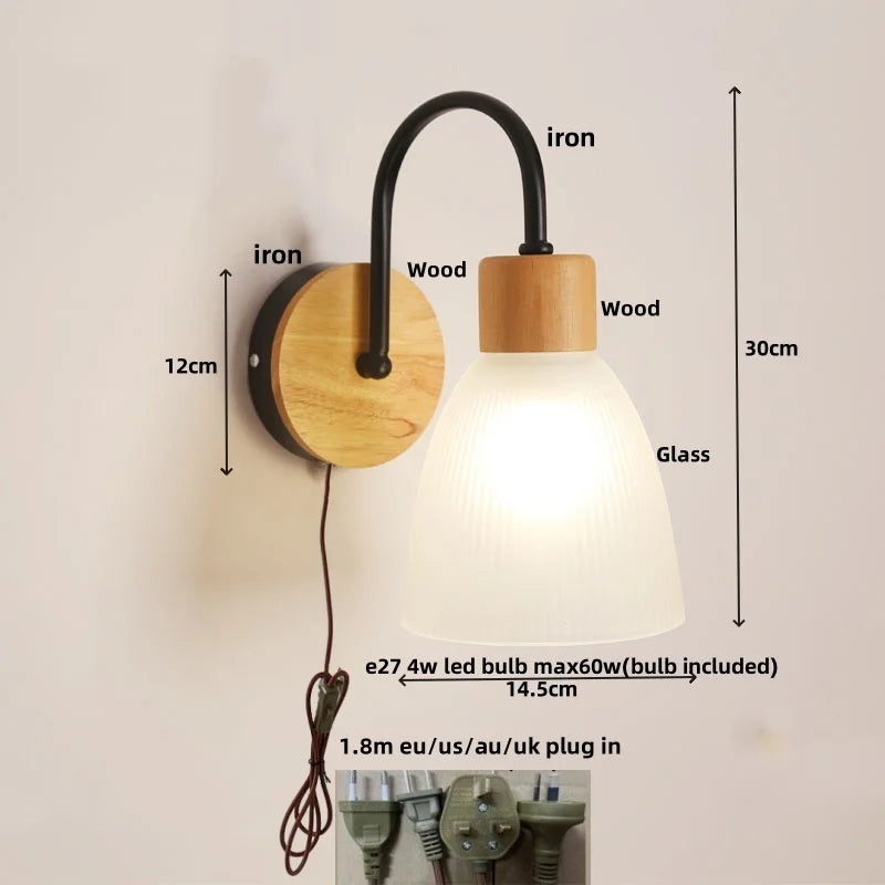 Glass LED Wall Sconce Wood Base Modern Bathroom Light Fixture