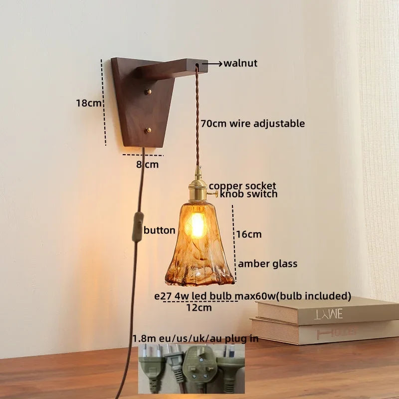 Walnut Copper LED Wall Lamp Sconce with Pull Chain Switch, Nordic Stair Light Fixtures