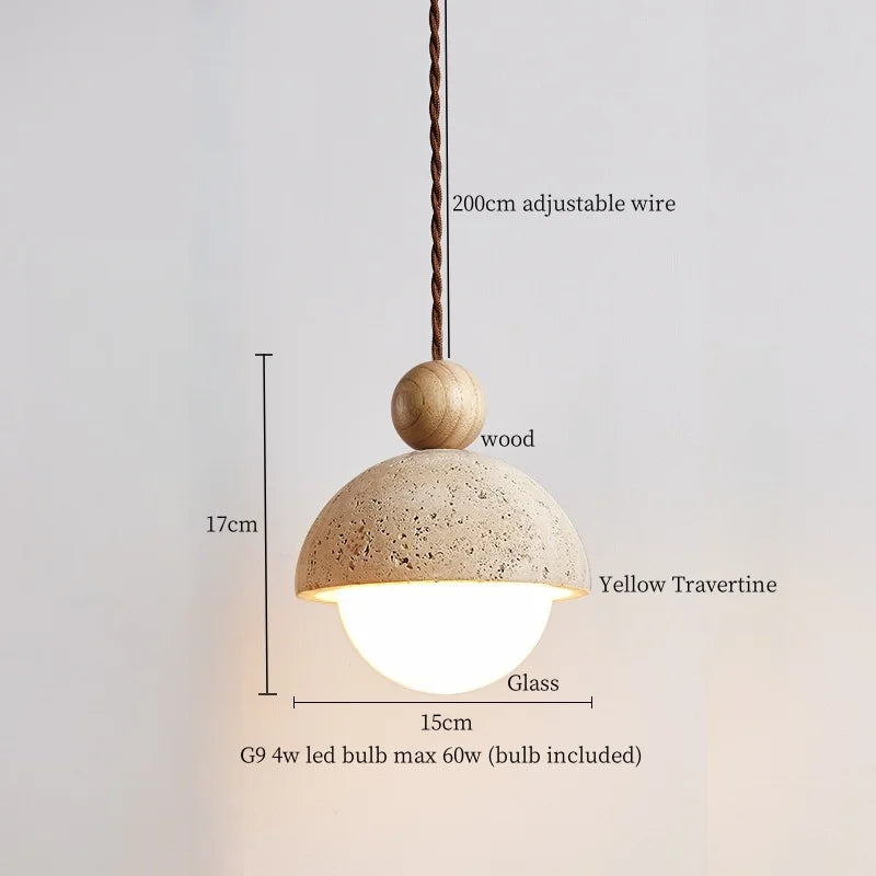 LED Pendant Lights Yellow Travertine Wood Hanging Lamp for Bedroom Dining Room