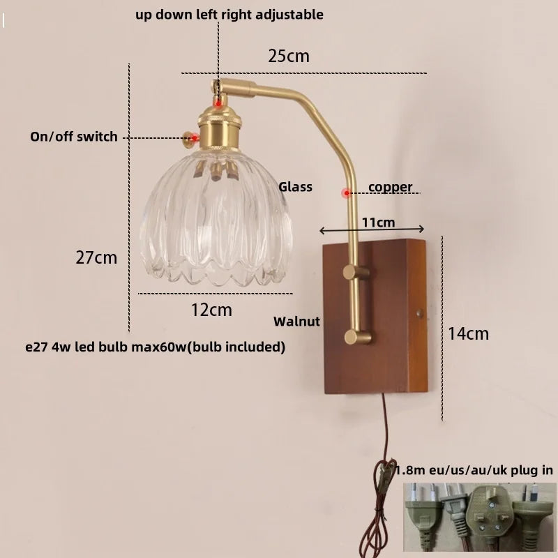 Afralia™ LED Glass & Wood Wall Lamp with Pull Chain Switch for Living Room Bedroom Mirror