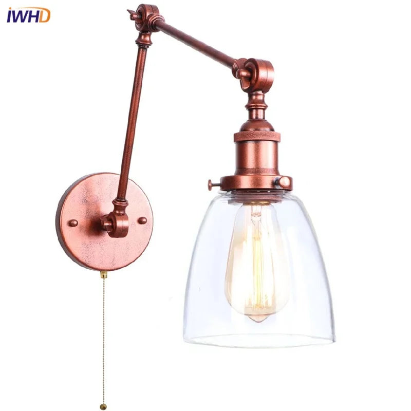 Adjustable Glass Swing Arm LED Wall Sconce with Pull Chain Switch