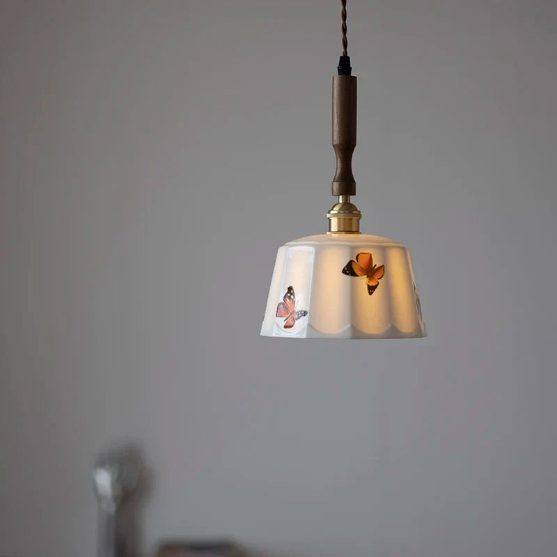 Brown Wood LED Pendant Light - Nordic Modern White Ceramic Hanging Lamp