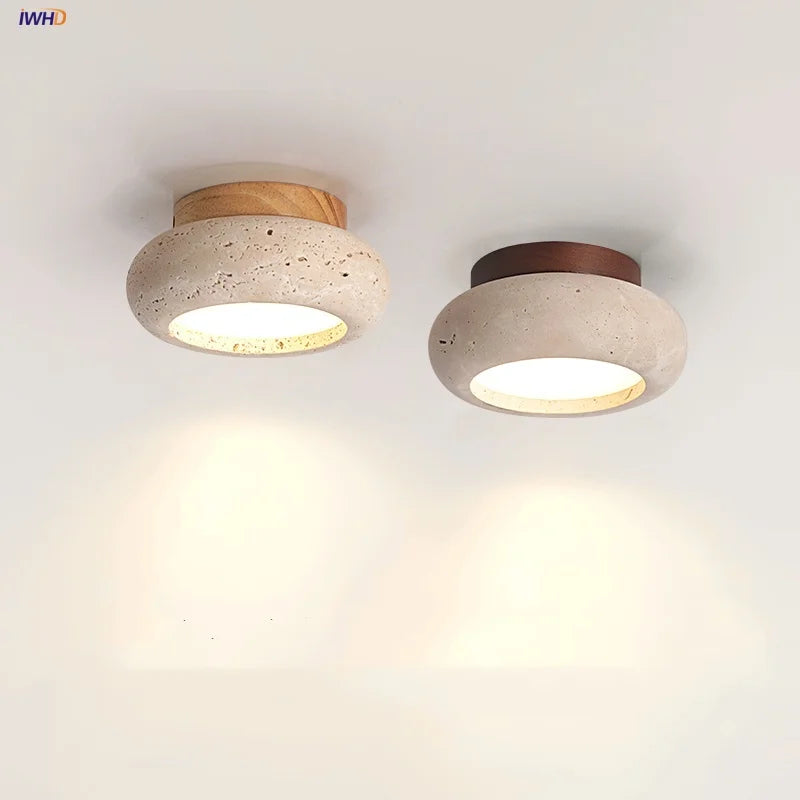 Natural Yellow Travertine Wood Canopy LED Ceiling Light - Nordic Modern Ellipse-Look