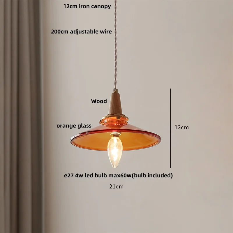 Wood Amber Glass LED Pendant Light Fixture - Nordic Modern Hanging Lamp