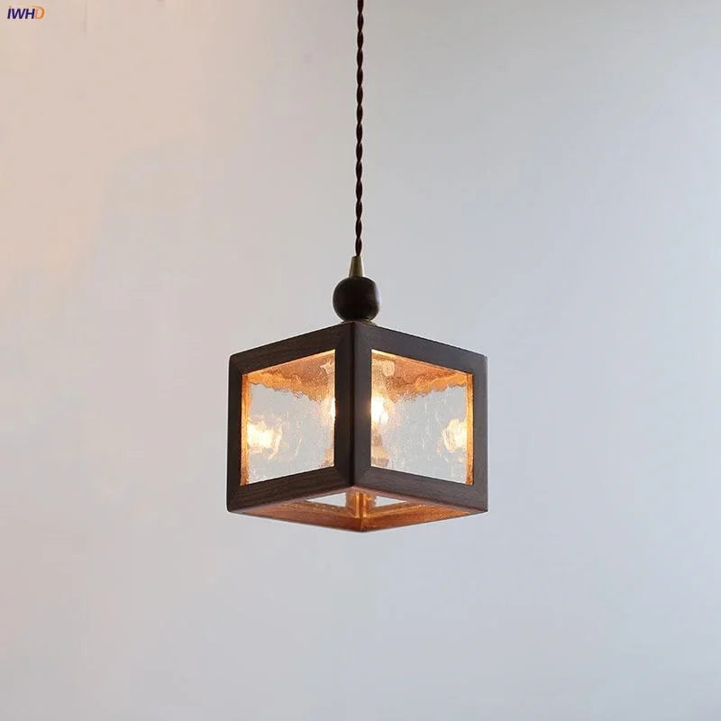 Nordic LED Pendant Lights Walnut Wood Glass Kitchen Hanging Lamp