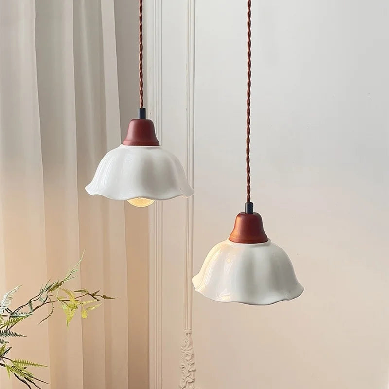 Afralia™ White Flower Ceramic LED Pendant Lamp Wood Japan Style Hang Lamp