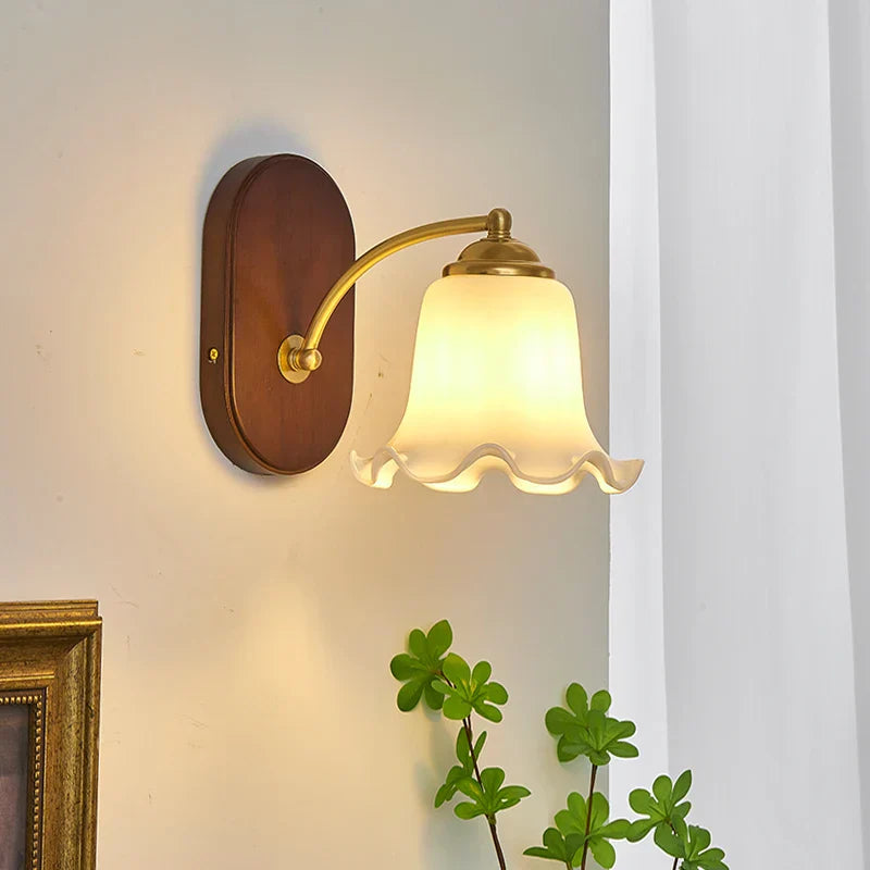 LED Japanese Style Wall Lights Copper Wood Bedside Lamp for Home Bedroom