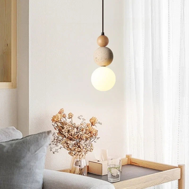 Afralia™ Yellow Travertine Wood Stone LED Pendant Light Fixture Nordic Modern Hanging Lamp