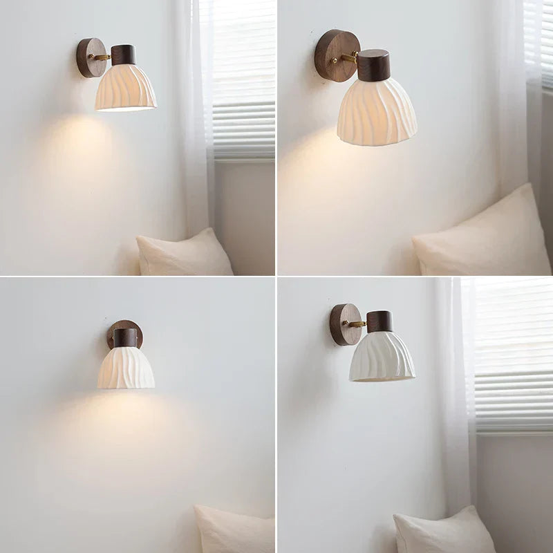 LED Wall Light Fixture Modern Nordic Rotating Reading Lamp White Ceramic Wood