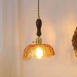 Green Glass LED Pendant Lamp with Knob Switch, Copper Chandelier