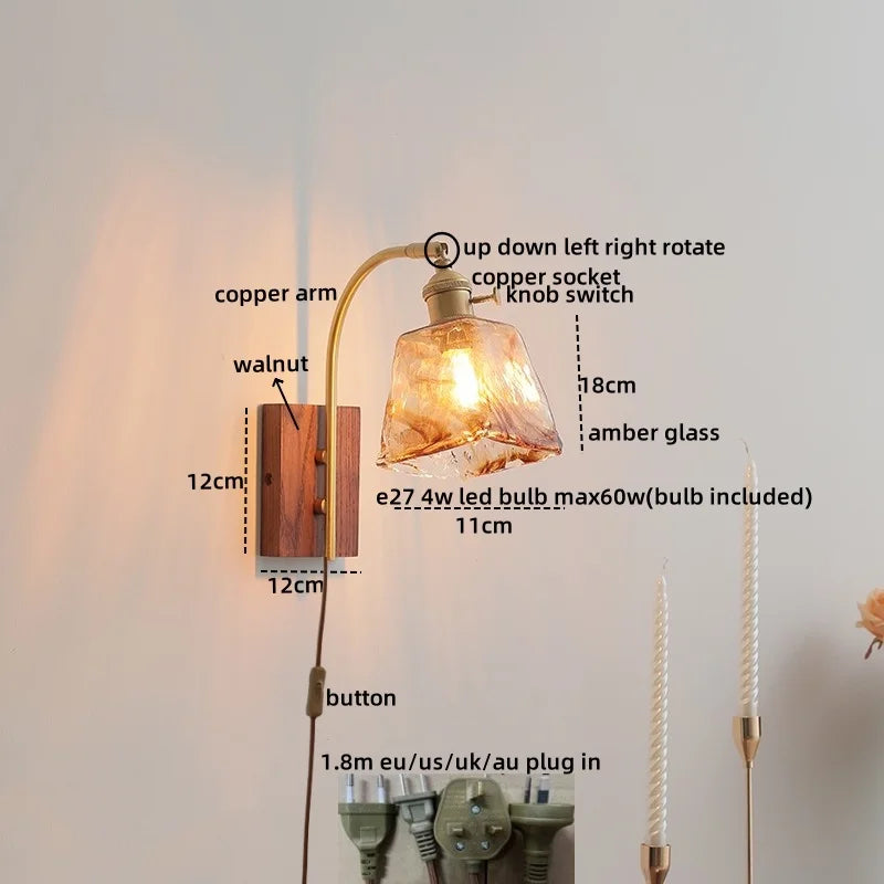 Ceramic Walnut LED Wall Lights Modern Bedside Lamp - Knob Switch