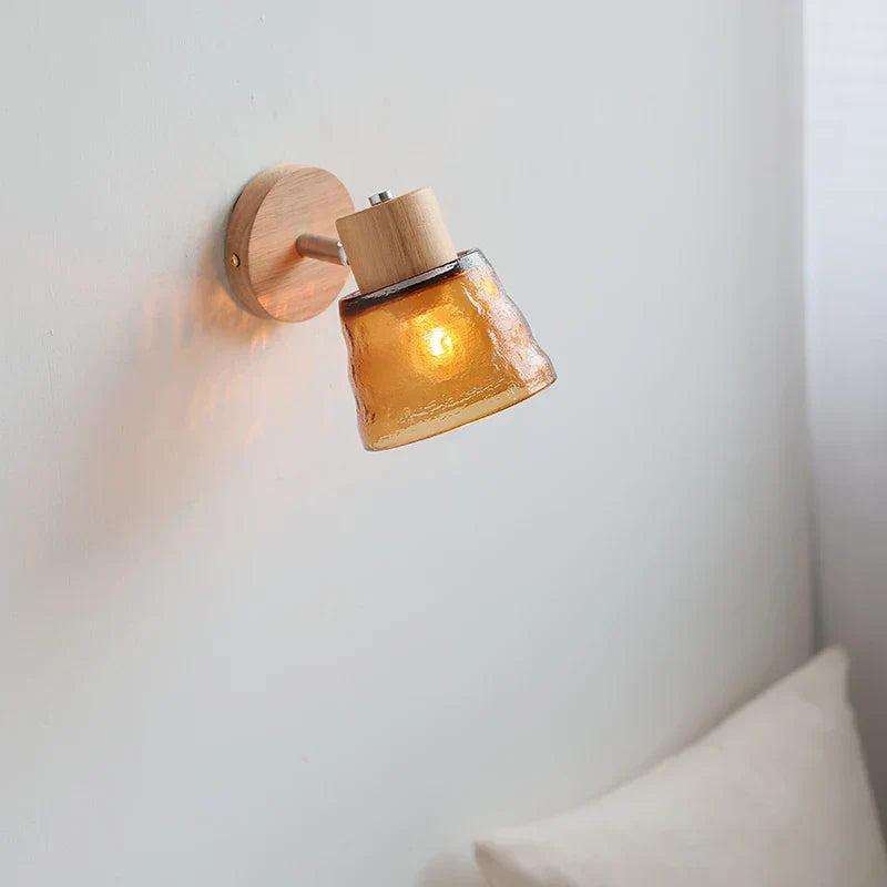 Amber Glass LED Wall Sconce Nordic Modern Wood Pull Chain Switch Stair Light