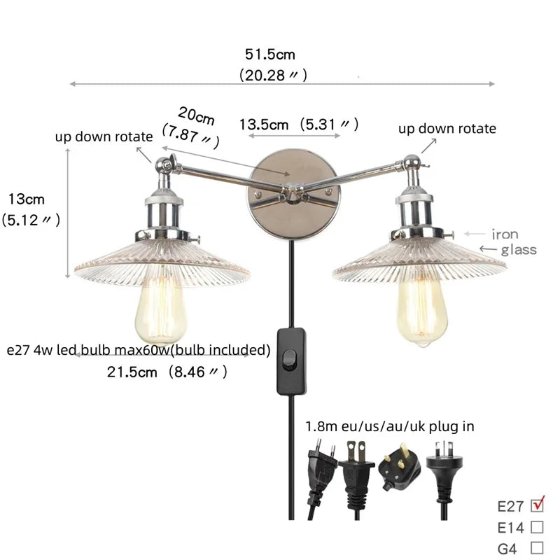 Industrial LED Wall Light Fixture with Pull Chain Switch, 2 Heads Bedside Lamp