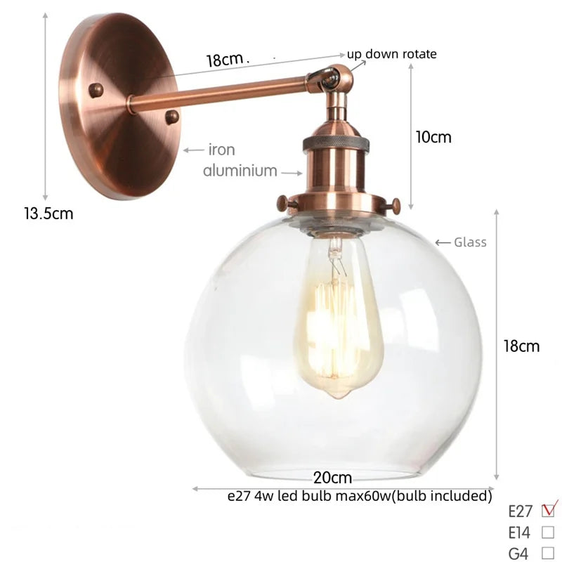 Afralia™ Glass Globe LED Wall Light Fixture Single Arm Bedside Lamp Vintage Industrial Style