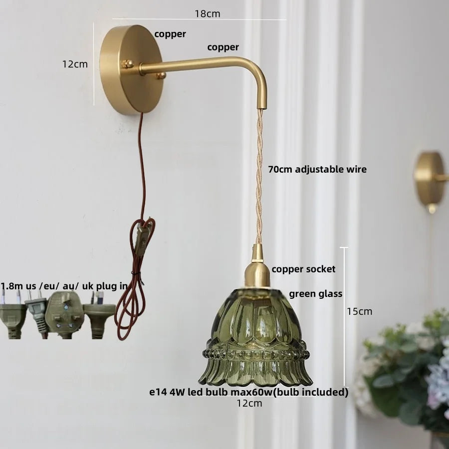 Amber Glass LED Wall Light with Pull Chain Switch, Modern Nordic Flower Wall Sconce