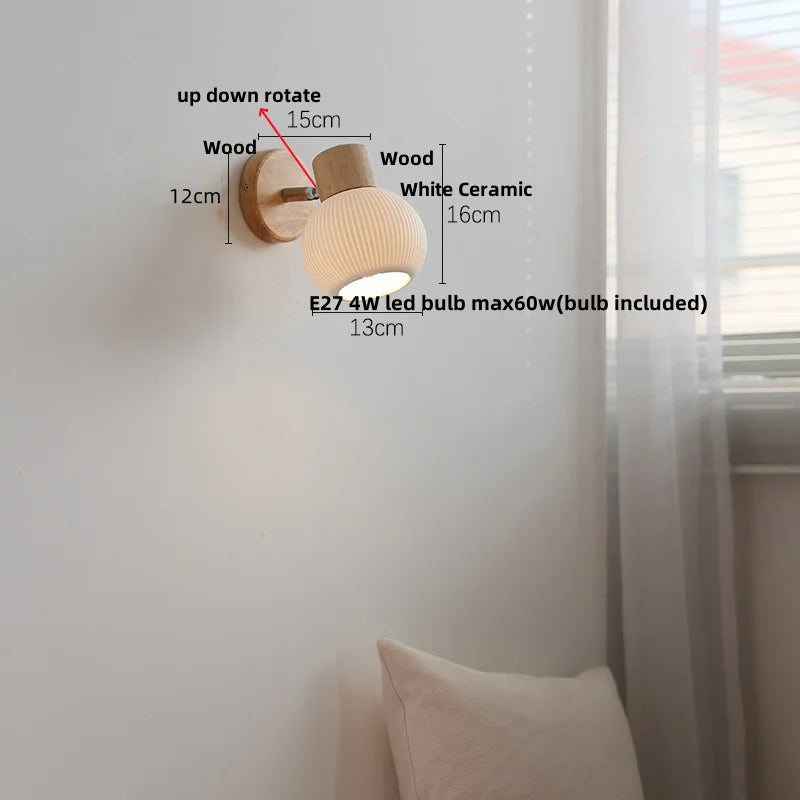Ceramic LED Wall Lights with Pull Chain Switch, Modern Wood Base Bedside Lamp
